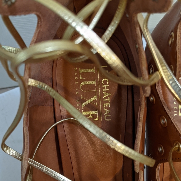 New tan leather Brazil designer lace-up 39 stiletto sandals - Picture 8 of 9